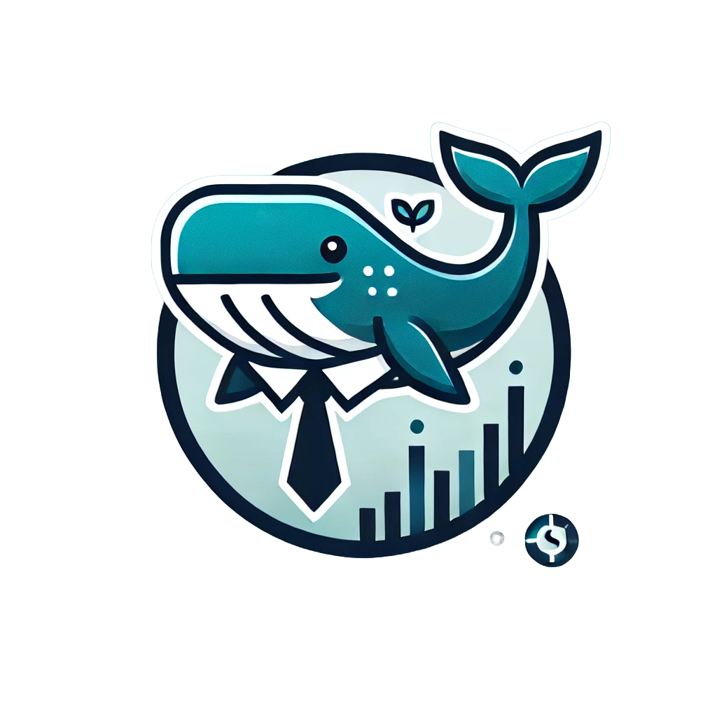 Illustration of a stylized whale wearing a tie, symbolizing professionalism and financial management. The whale is set against a circular background featuring upward-trending bar graphs, representing growth and success in personal finance.